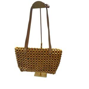 The SAK Wooden Brown Bead Handbag Purse W/ Orange Floral Lining Boho